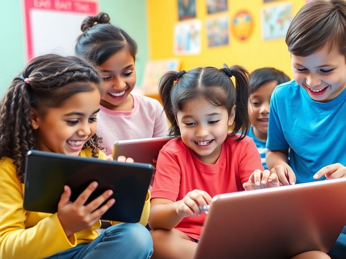 Copii care învață online cu tablete și laptopuri.