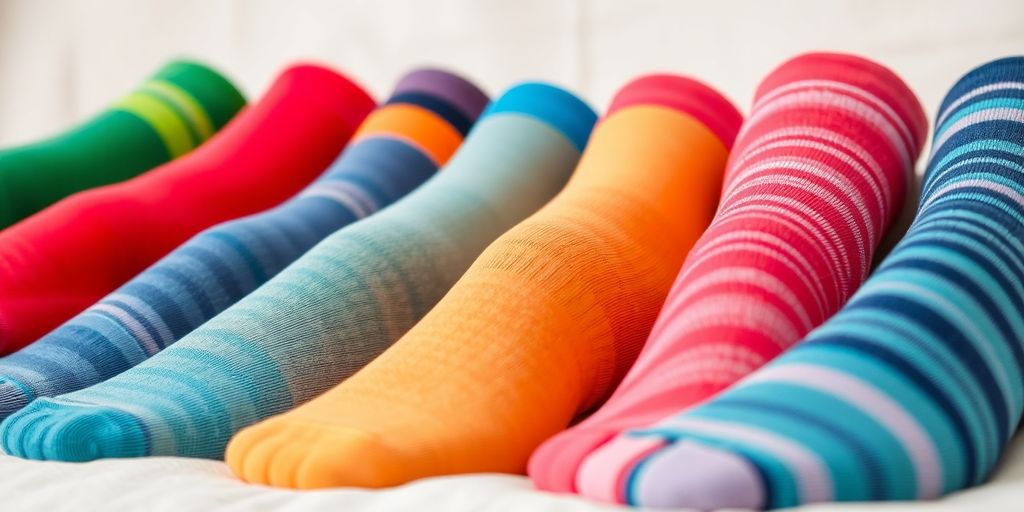 Colorful diabetic compression socks displayed neatly together.