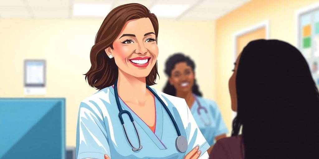Medical administrator smiling, speaking to diverse patients.