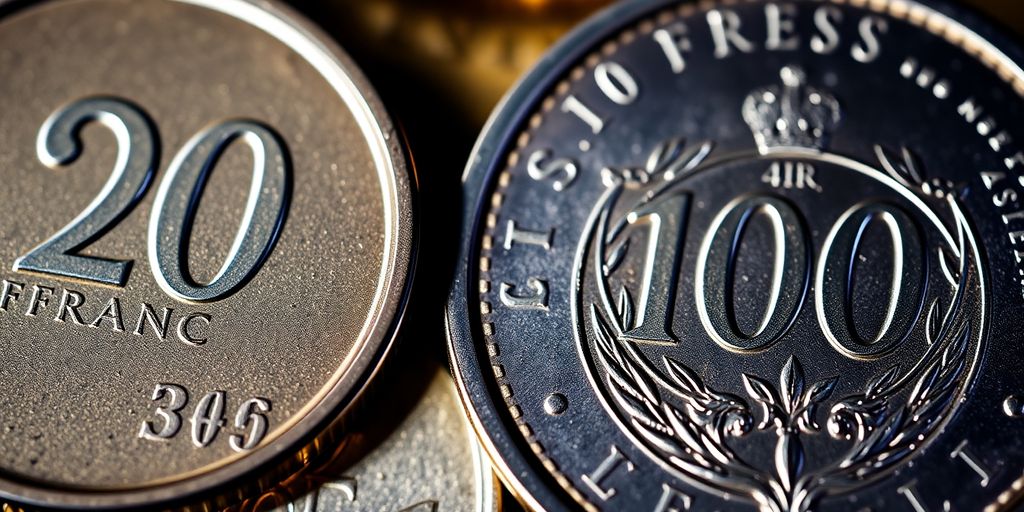 Une pièce suisse de 20 francs et une pièce de 100 francs Vreneli.