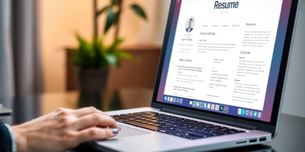 Laptop with a dynamic resume on screen.