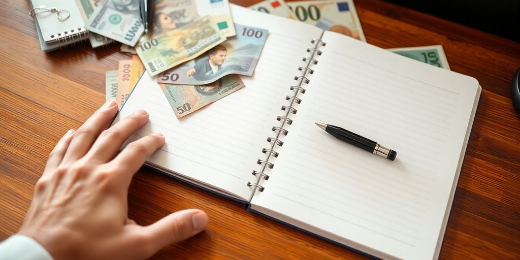 Open notebook, pen, currency scattered on desk