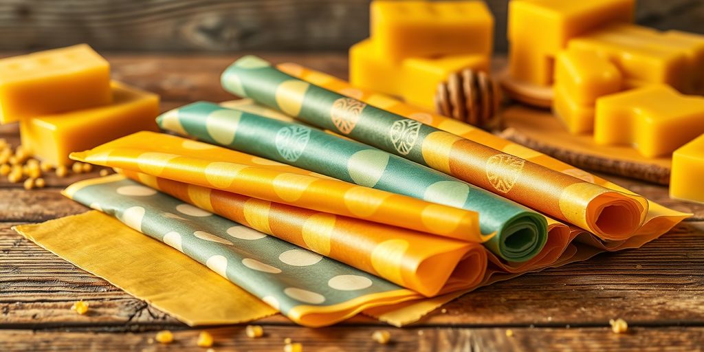 Colorful beeswax wraps on wooden table
