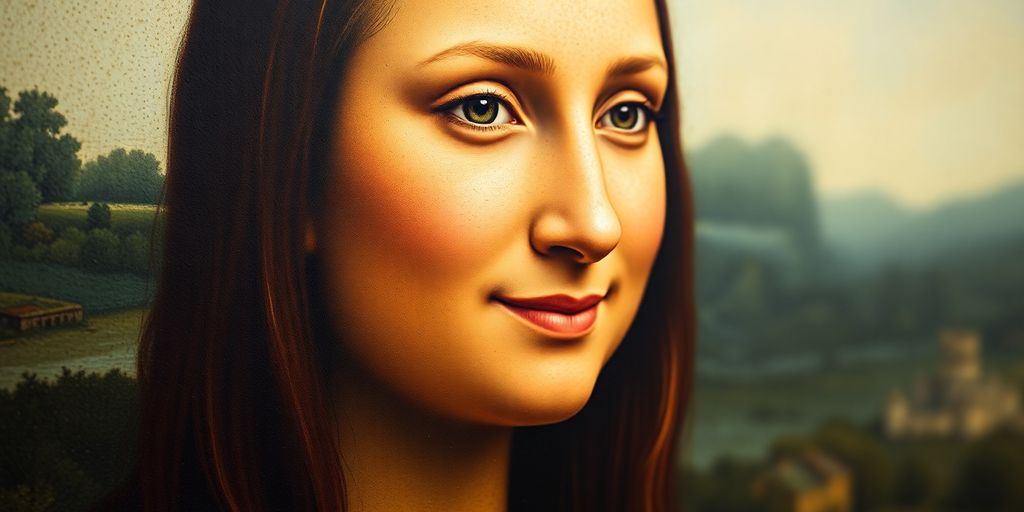 Close-up of Mona Lisa's smile and background landscape.