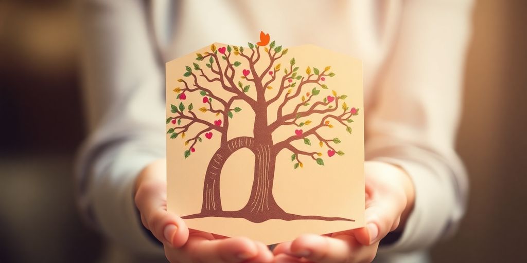Person holding a family tree with soft lighting.