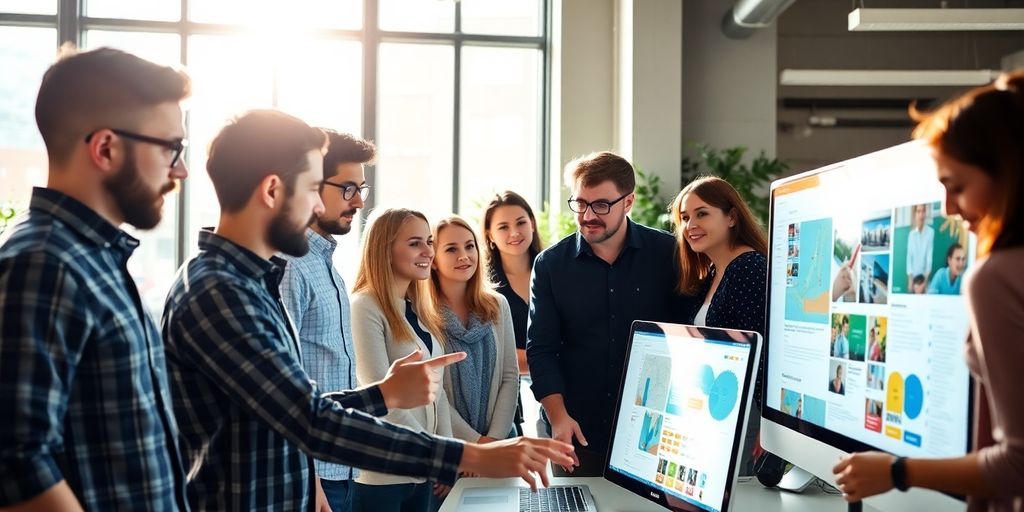 Modern office, diverse team, glowing screens