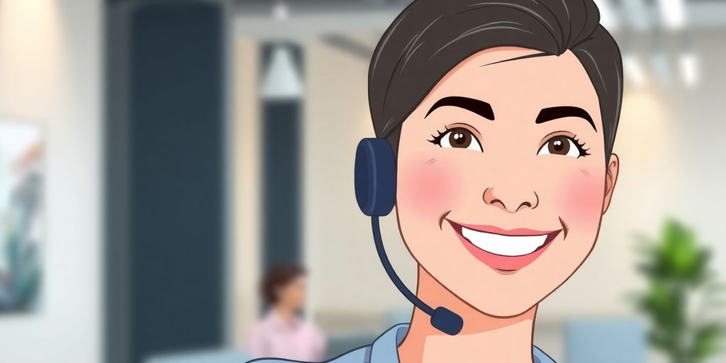 Smiling person on headset, illustrative background.