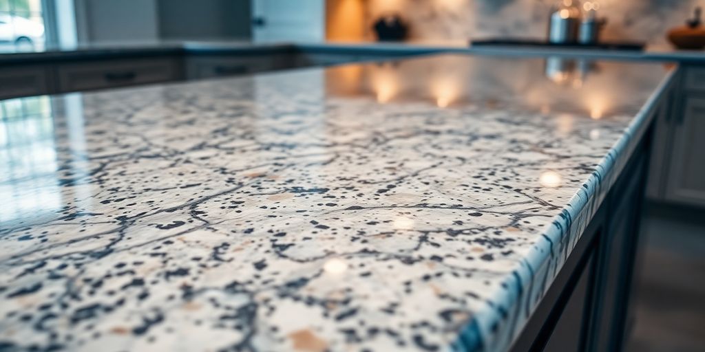 Shiny granite kitchen countertops.