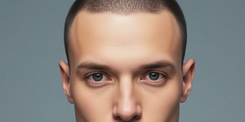 Man with buzz cut, clean, minimalist, soft light.