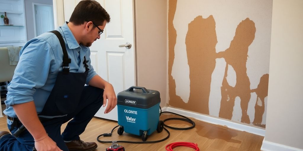Professional inspecting water damage in a residential area.