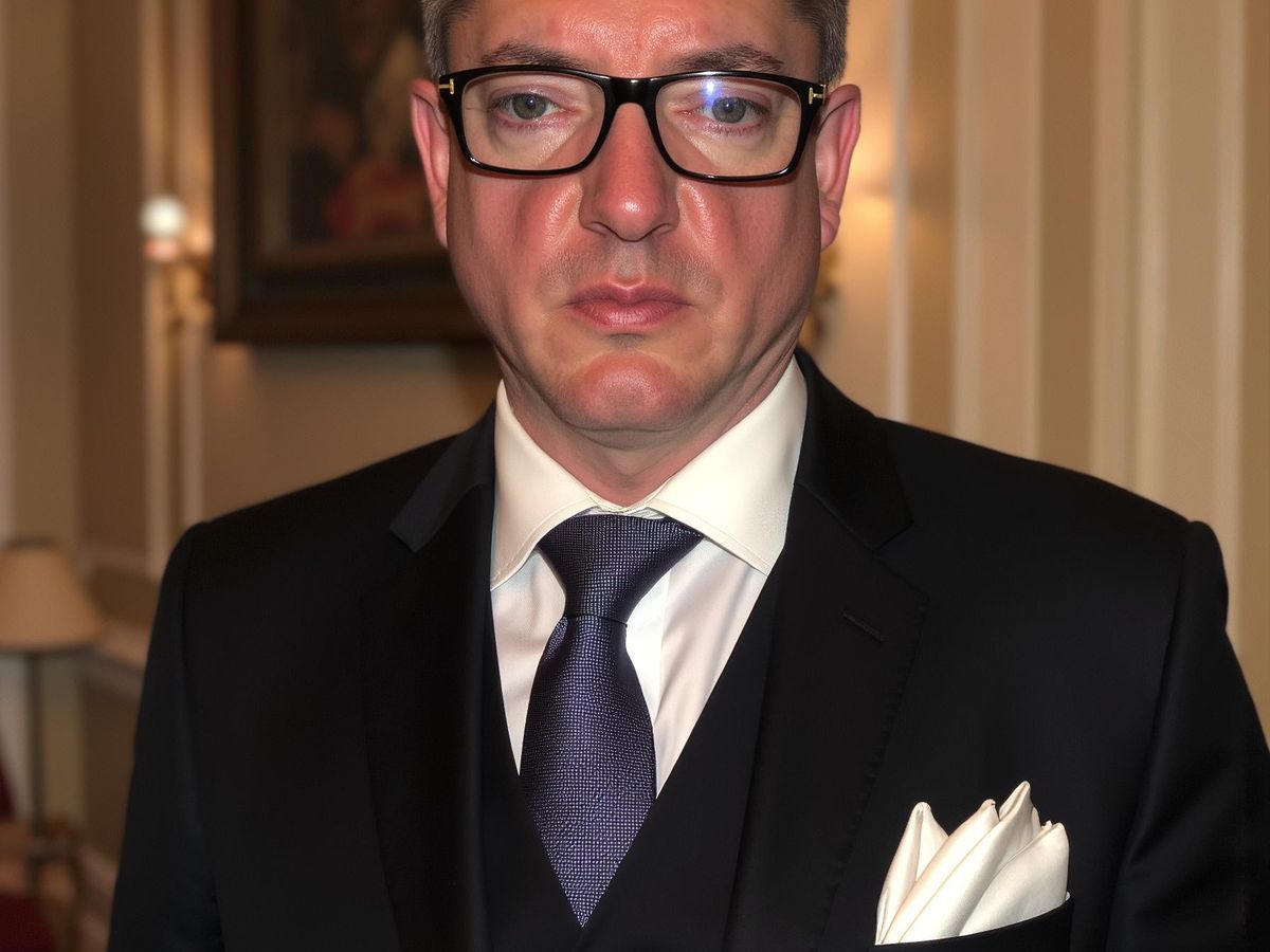 A well-dressed individual poses in an elegant indoor setting.