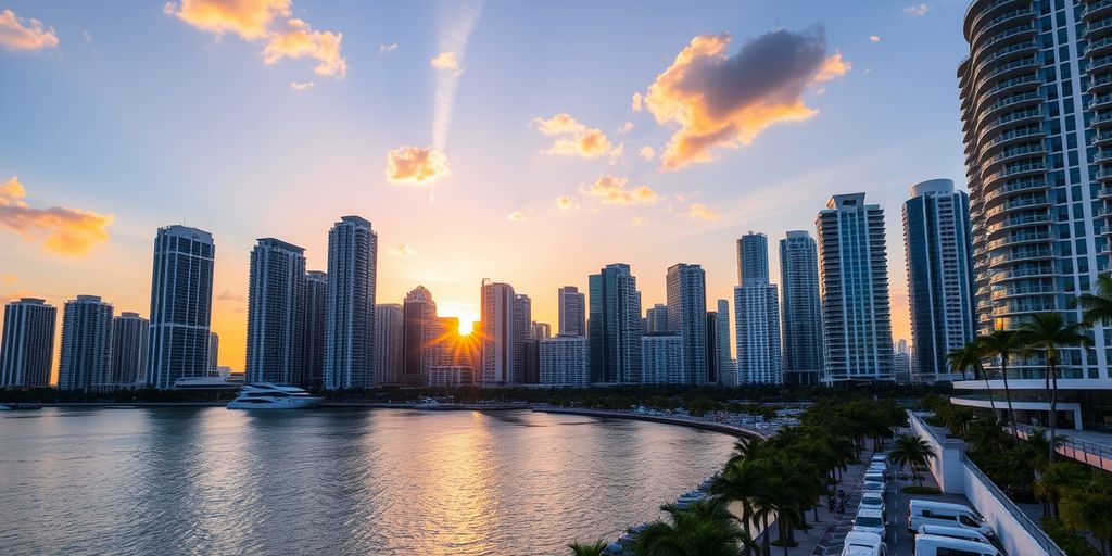 Brickell skyline with luxury buildings and palm trees at sunset.