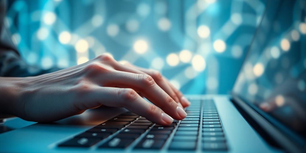 Hands typing, glowing data, flowing information
