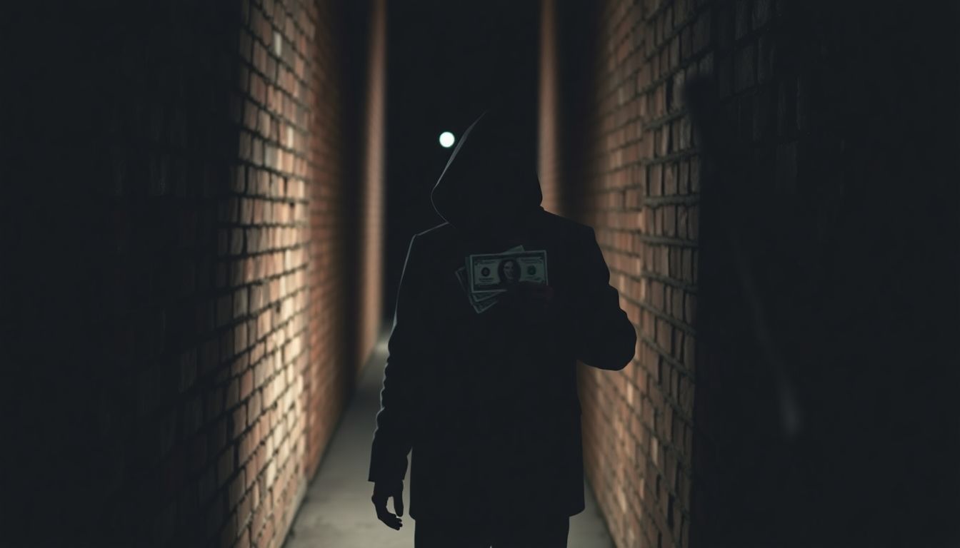 Crook exchanging money for stolen documents in dark alley.
