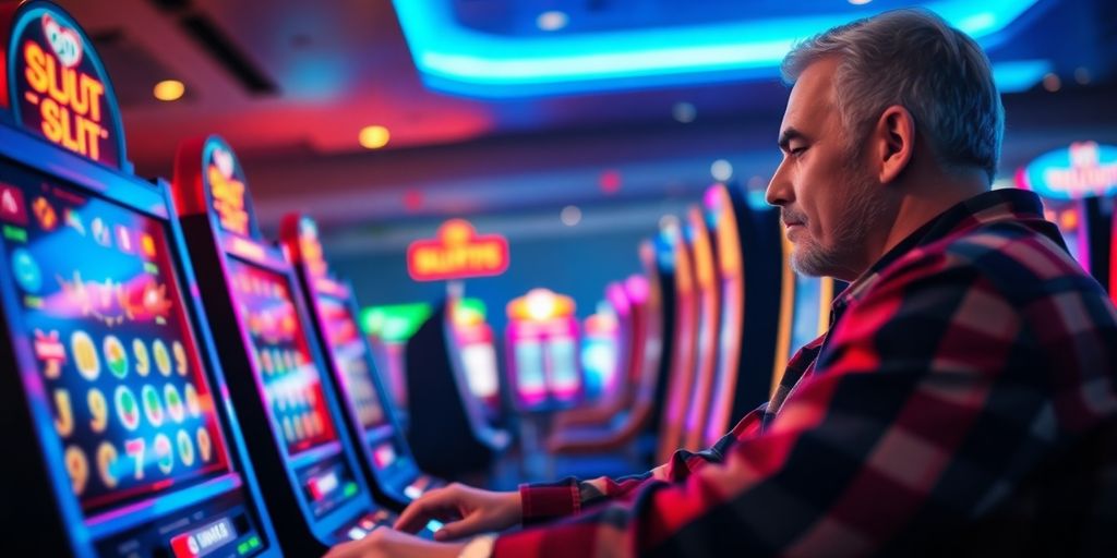Excited gambler playing slot machine in tournament.