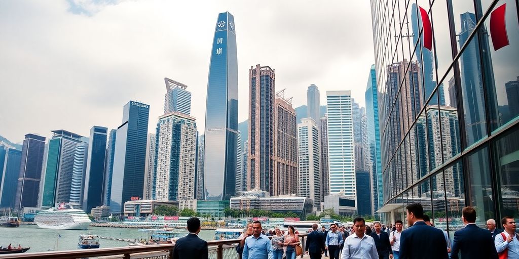 Hong Kong skyline with busy streets and skyscrapers.
