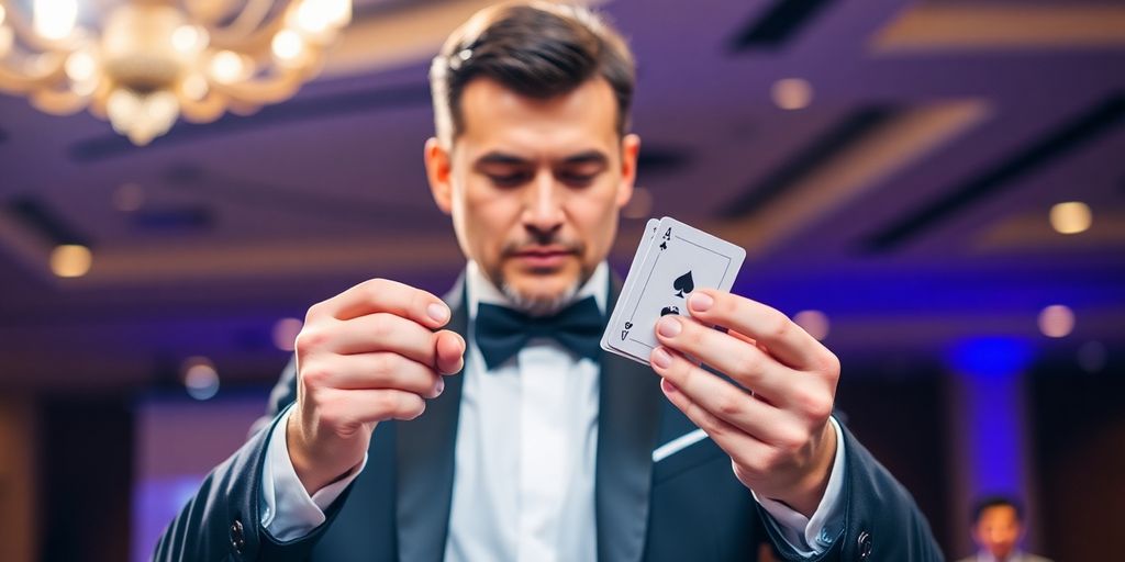 A magician performing a card trick on a stage.