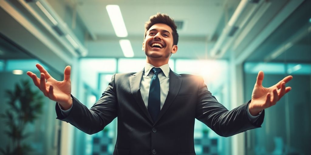 Marketing professional triumphantly holding a sales chart.