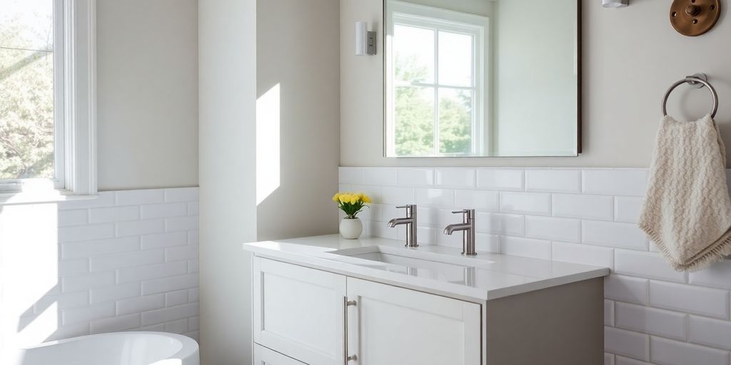 Modern bathroom remodel with subway tile and new fixtures.