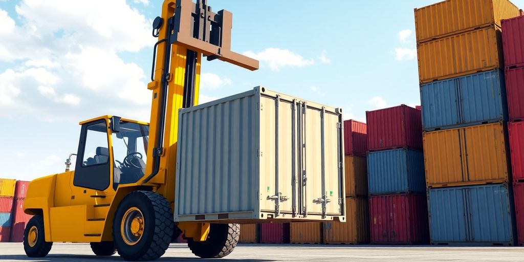 Forklift moving large shipping container at port.