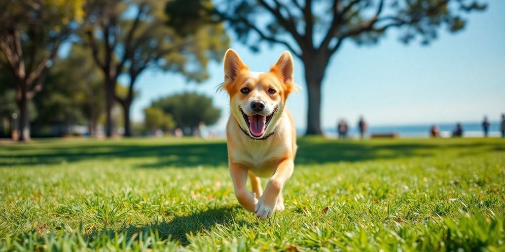 Happy dog enjoying a walk in Coogee park.