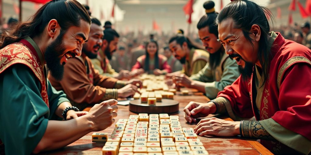 Mahjong game with vibrant tiles and intense players.