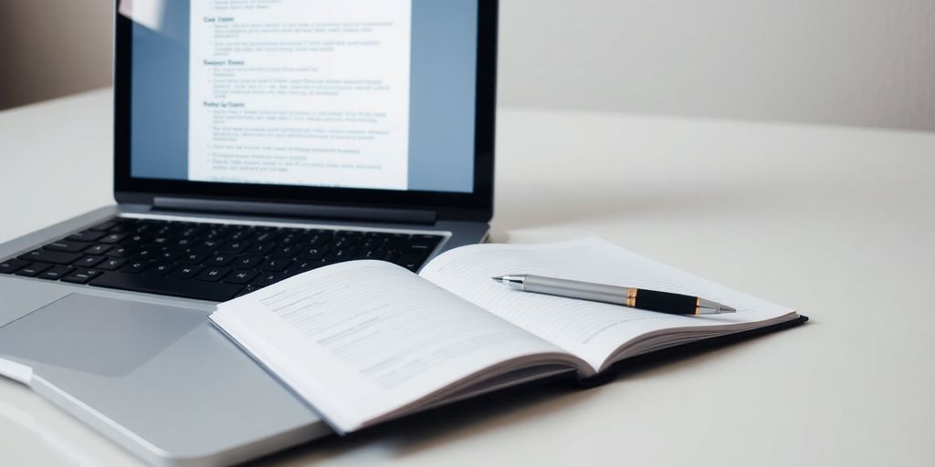 Laptop, resume, and open notebook on desk