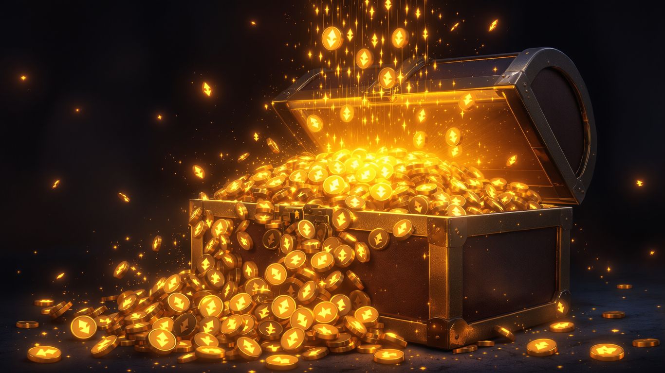 Ethereum coins pouring from an ancient, glowing wallet.