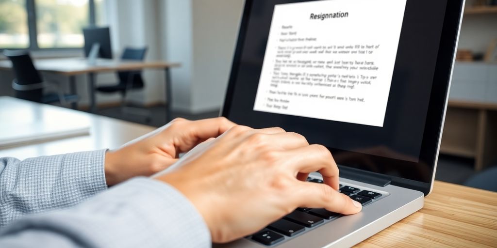 Professional on laptop, writing resignation letter.
