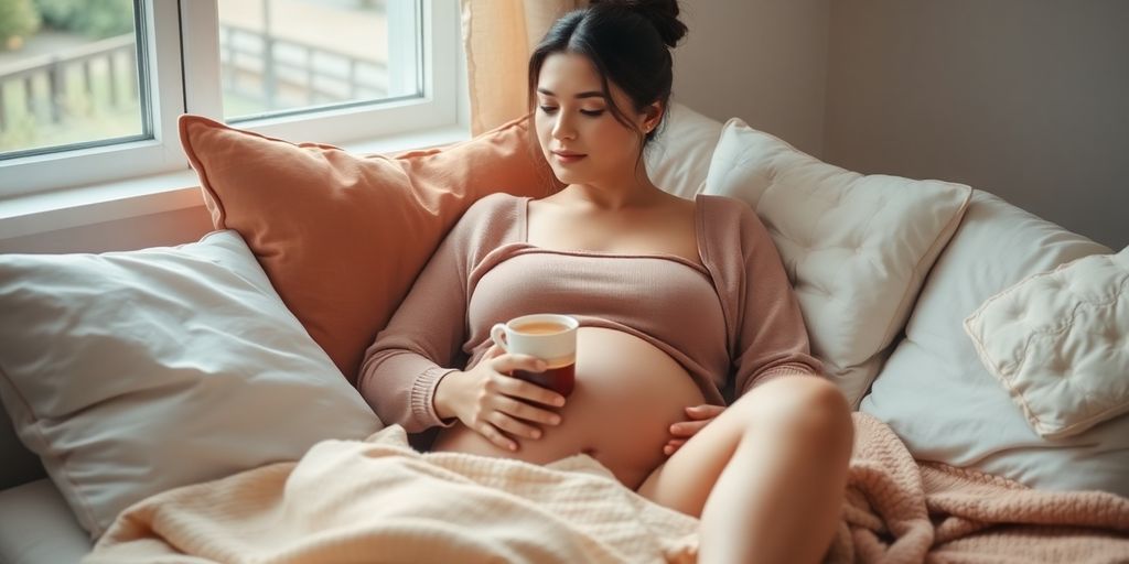 Pregnant woman relaxing with tea in a cozy setting.