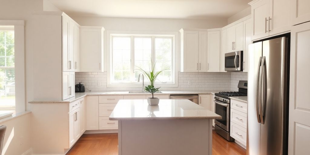 Modern renovated kitchen with new appliances and bright lighting.