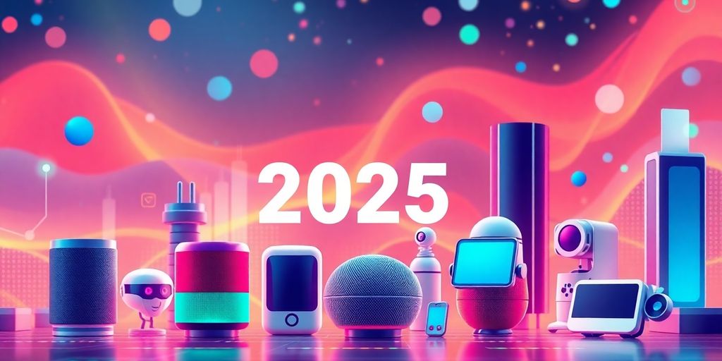 Futuristic AI communication devices on a digital landscape.