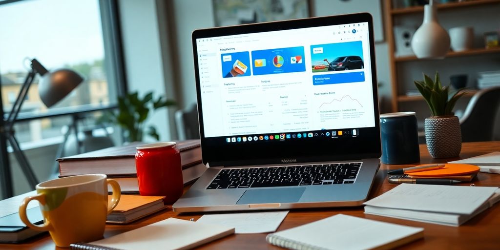 Modern workspace with laptop and creative tools for marketing.