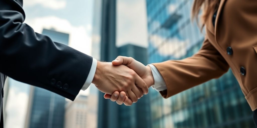 Businessman shaking hands, blurred financial background.