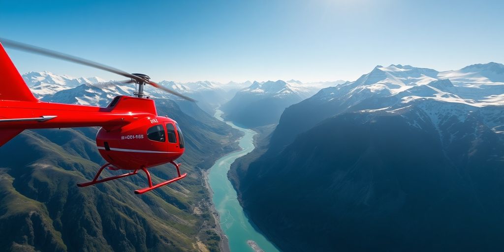 A red helicopter flies above snowy Alaskan mountains and glaciers.