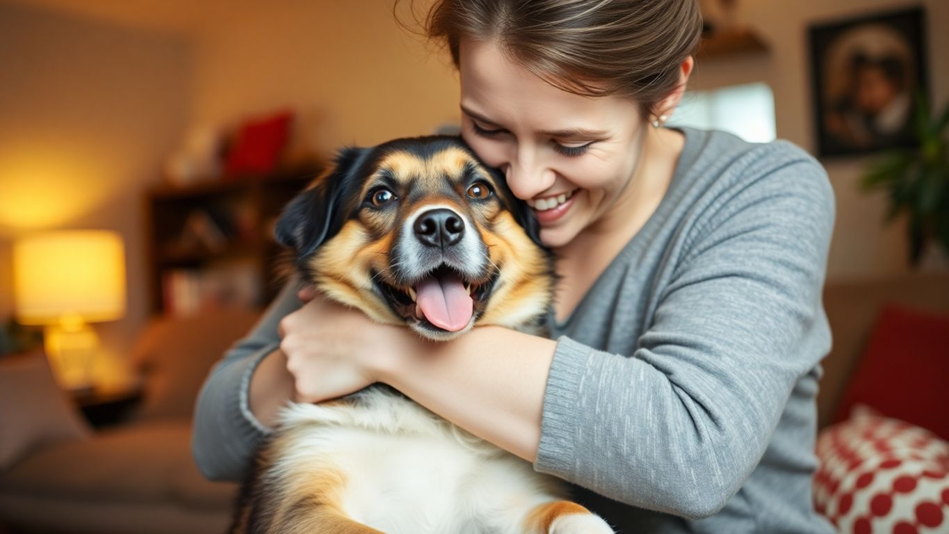 Pessoa abraçando um cachorro feliz.