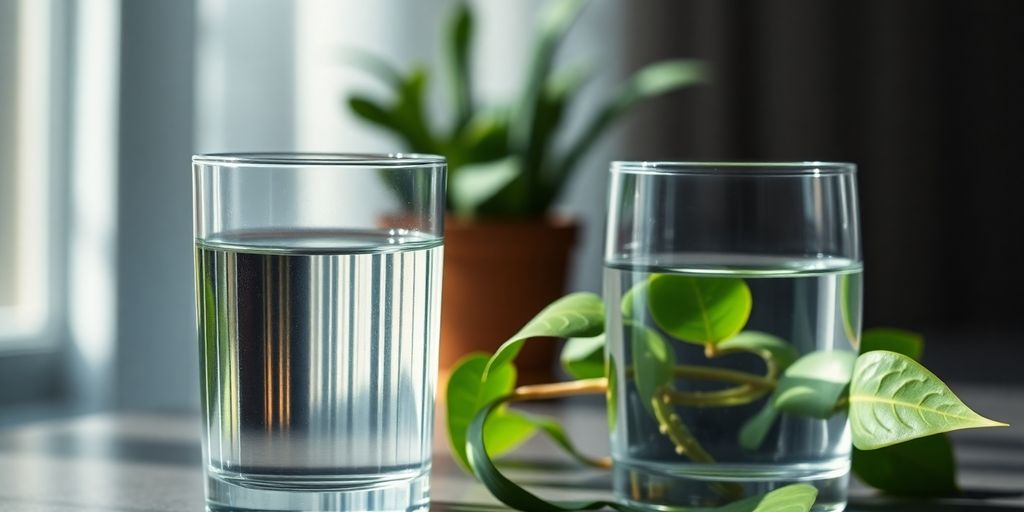 Glass of water and healing plant in soft natural light.