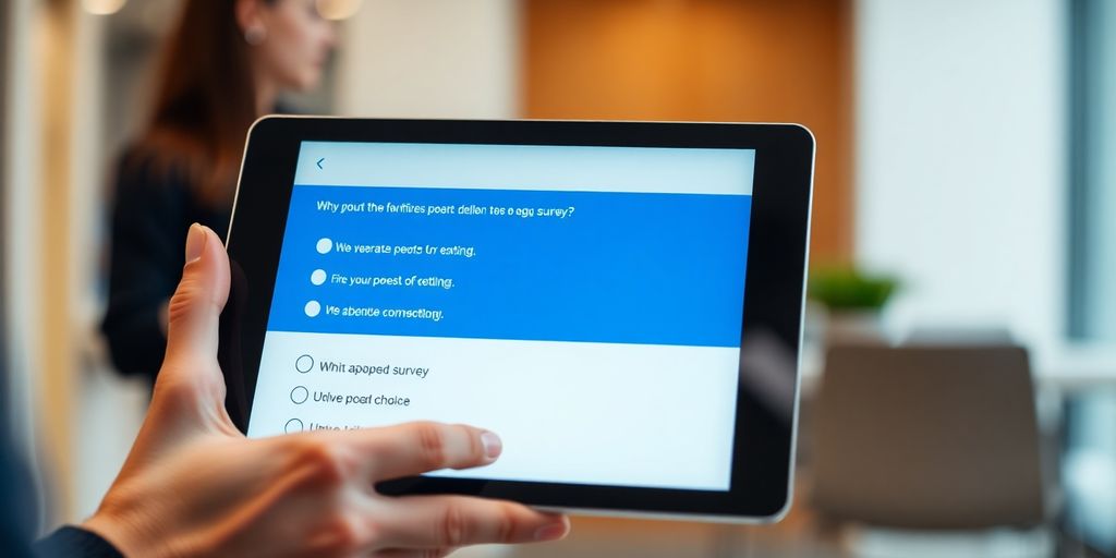 Person holding tablet, survey app open.