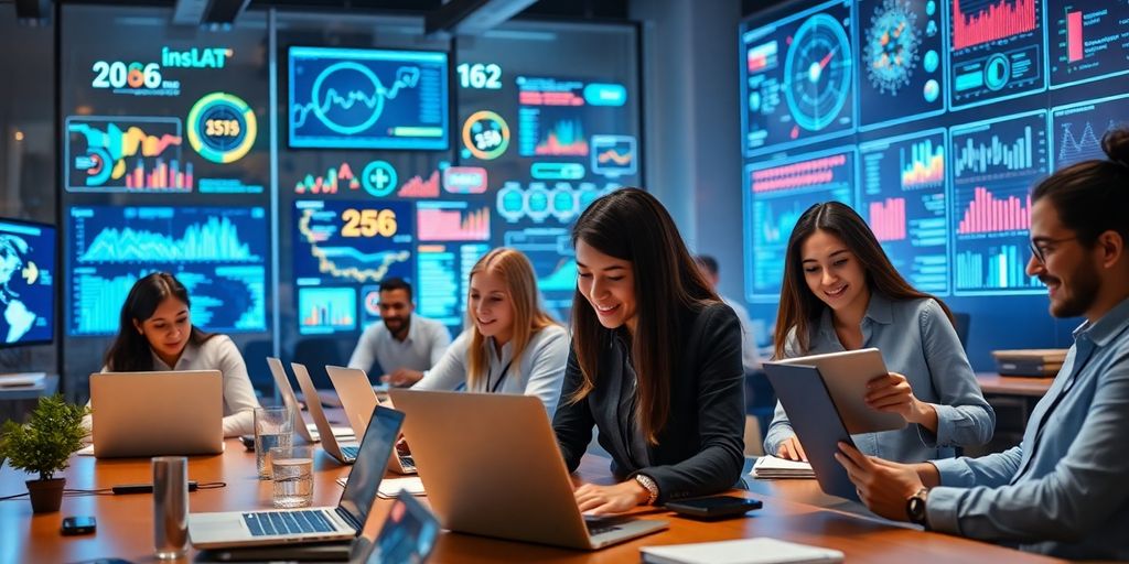 Professionals collaborating in a modern workspace with technology.
