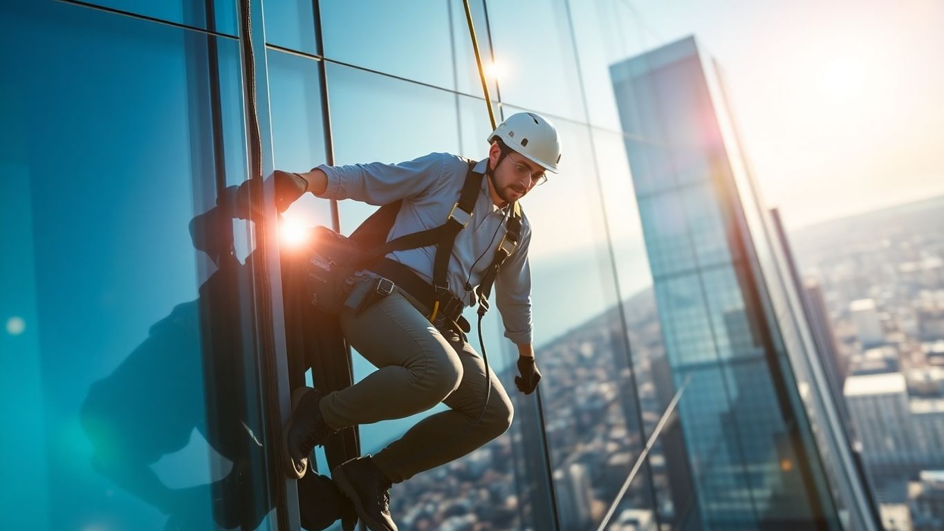 Nettoyeur de vitres professionnel sur immeuble de grande hauteur.