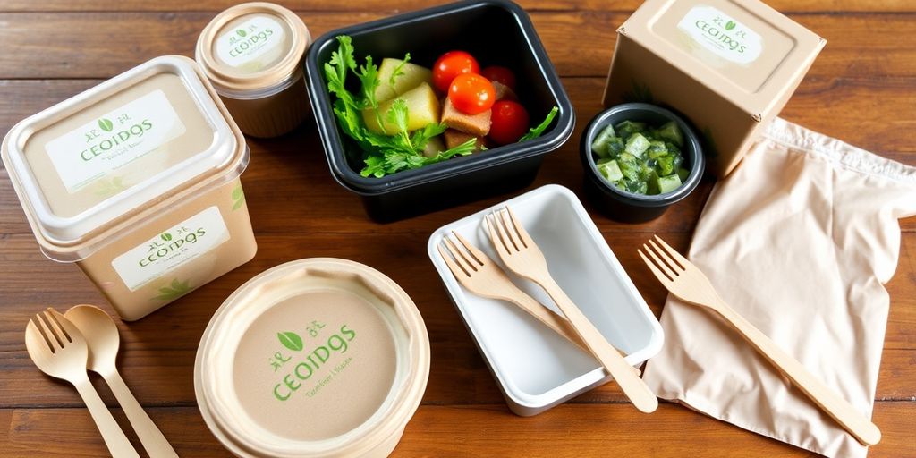 Sustainable takeaway containers stacked neatly.