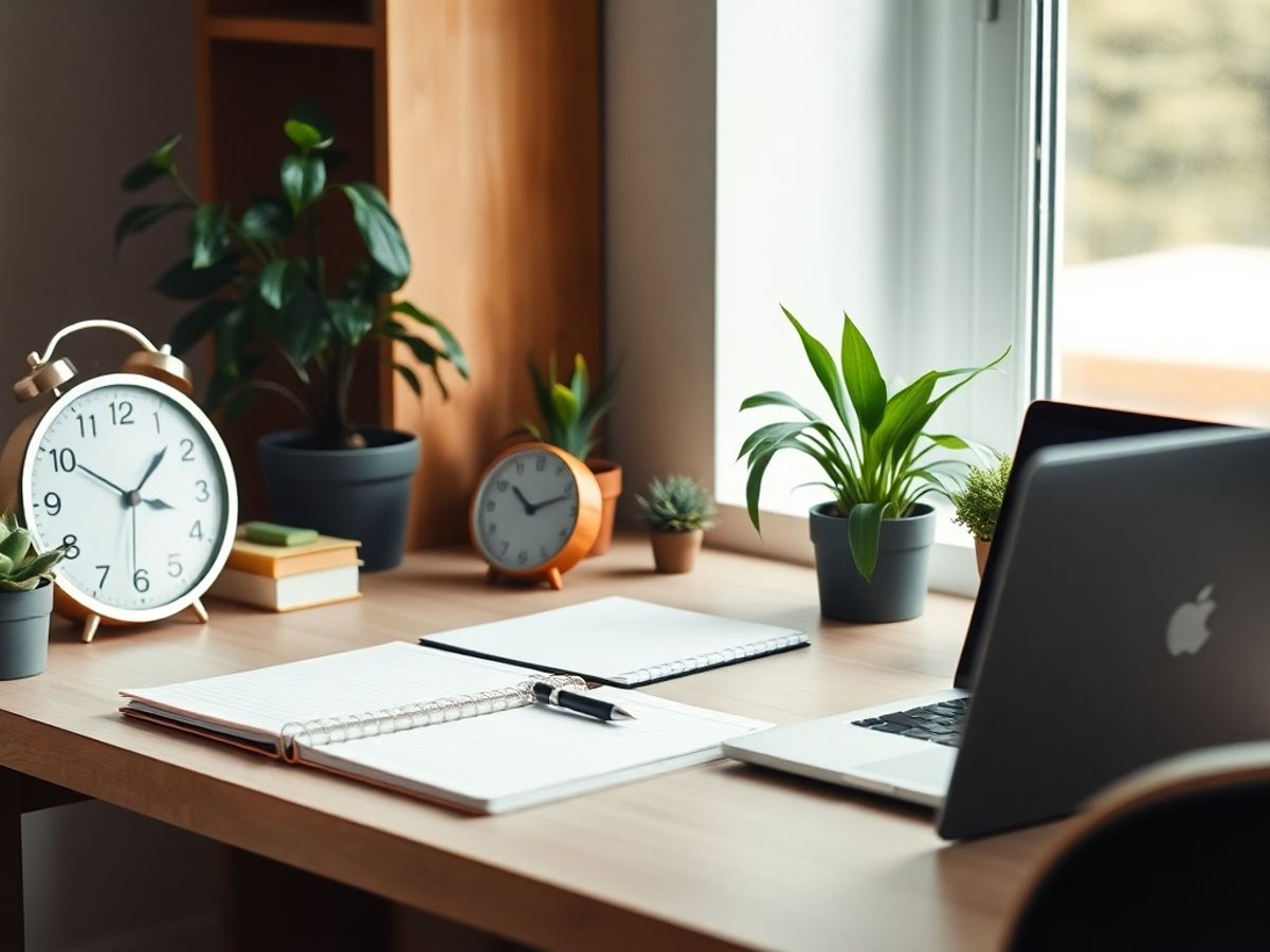 Birou ordonat cu laptop și plante de apartament.