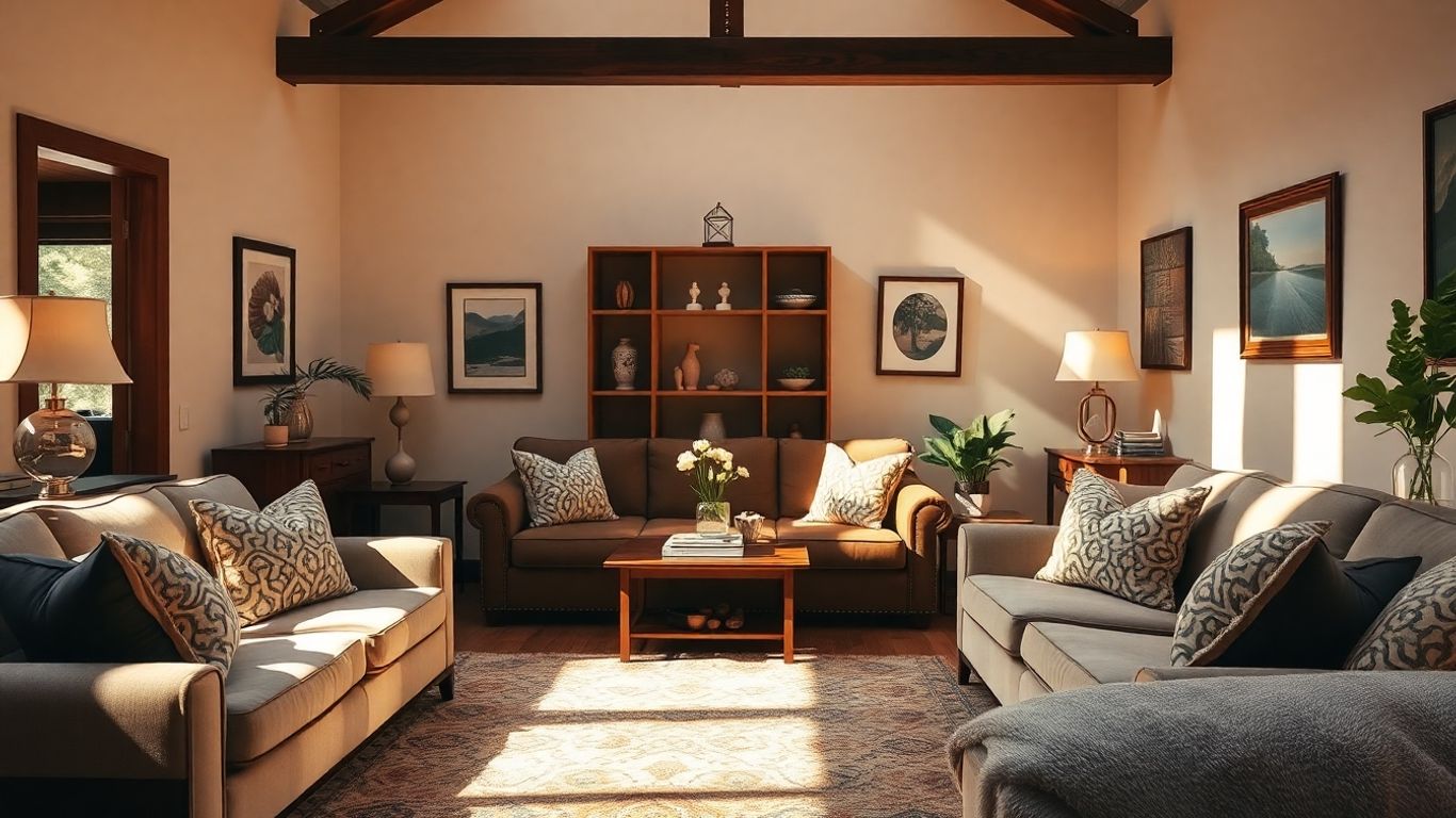 Cozy living room with stylish furniture and warm lighting.