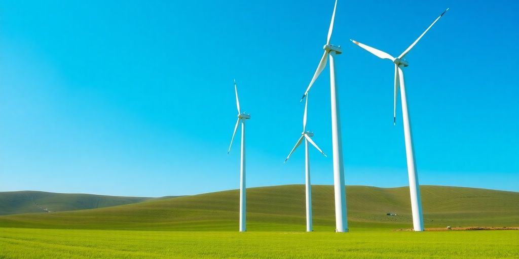 Parc éolien avec champs verdoyants et ciel bleu