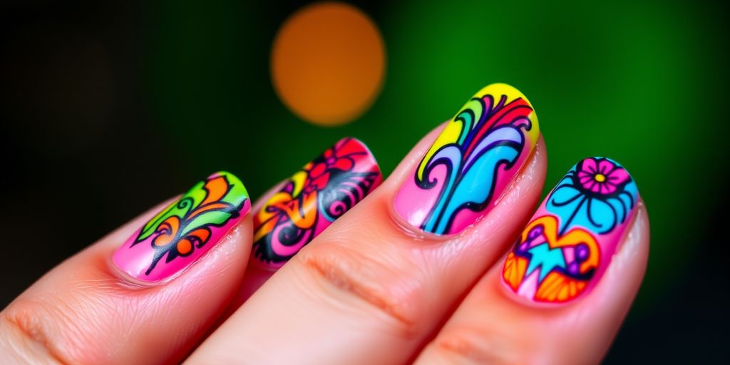 Unhas decoradas com esmalte neon vibrante.