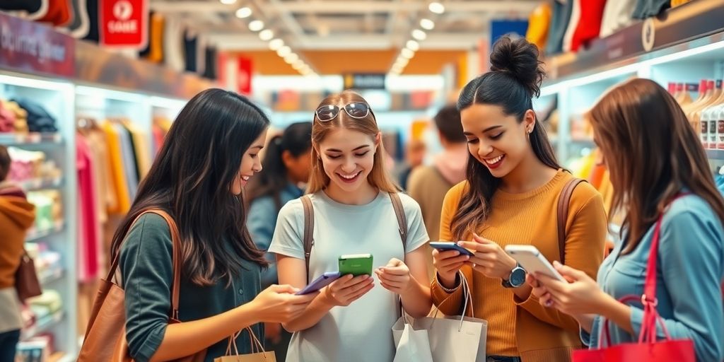 Diverse shoppers in a modern retail environment engaging with products.