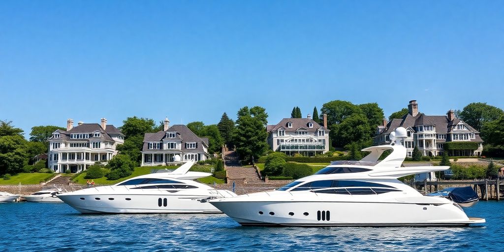 Greenwich waterfront mansions and yachts.