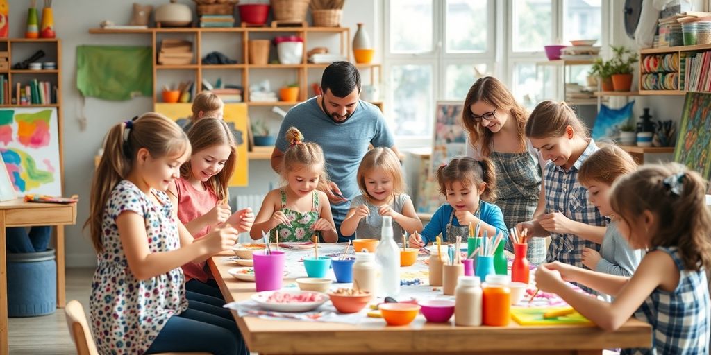 Families participating in fun crafting activities together.