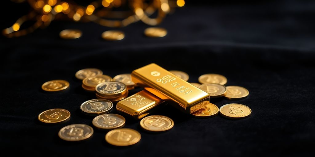 Un gros plan sur des lingots et des pièces d'or.