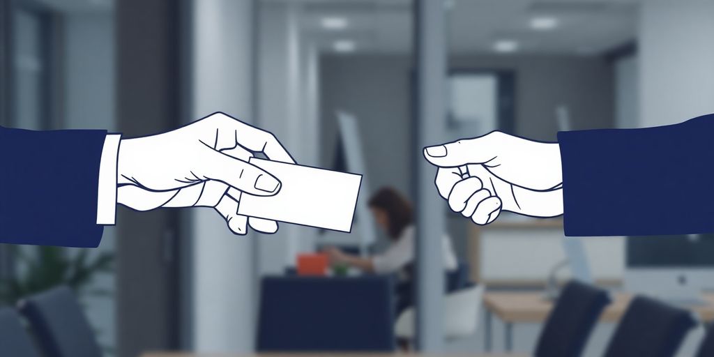 Two professional hands exchanging business cards.